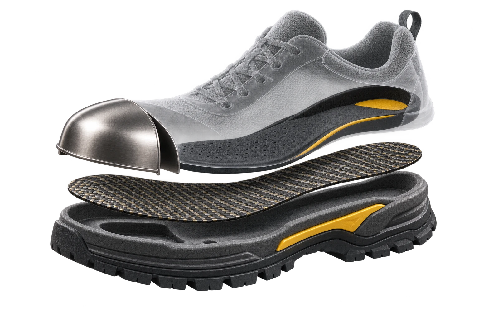 Exploded rendering of the Shark: steel toe cap, upper, composite protective insert and lugged outsole shown as separate layers